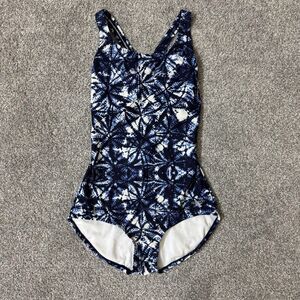 Speedo Swimsuit Womens Medium Blue White Summer Swim Lined Racerback Pool